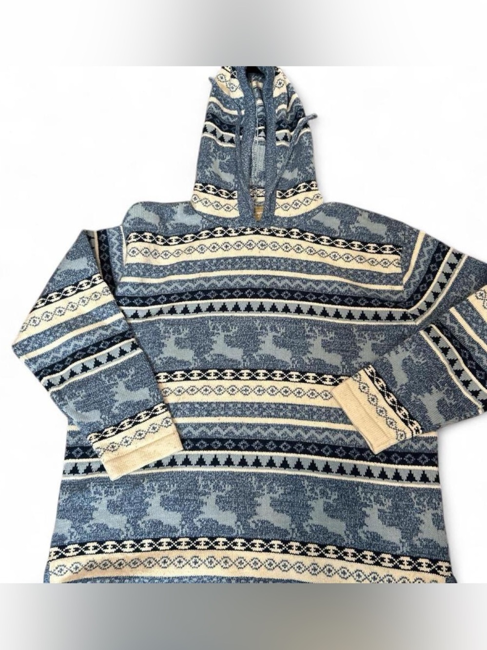 Rare Vintage 90s Liz Claiborne Fair Isle style chunky reindeer hooded sweater